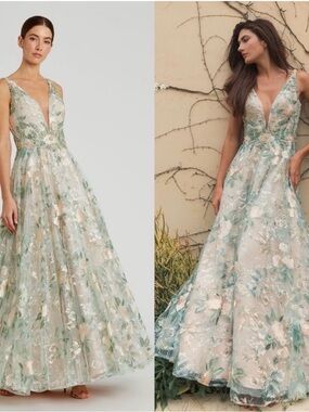 MAC DUGGAL Multicolor Floral Embroidered Illusion V Neck Gown 16